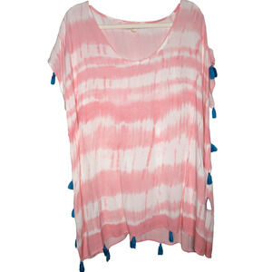 Surf Gypsy Pink White Tie Dye Boho Beach Breezy Resort Tassel Top Cover Up Large